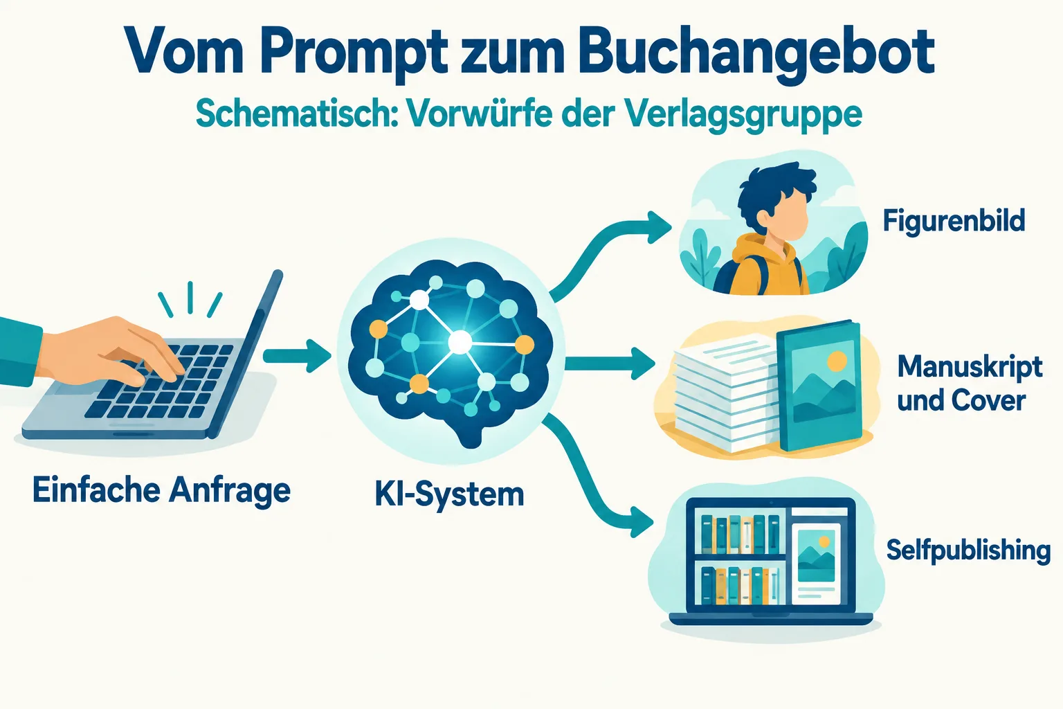 Schematischer Weg von einer Anfrage über ein KI-System zu Figurenbild, Manuskript und Selfpublishing