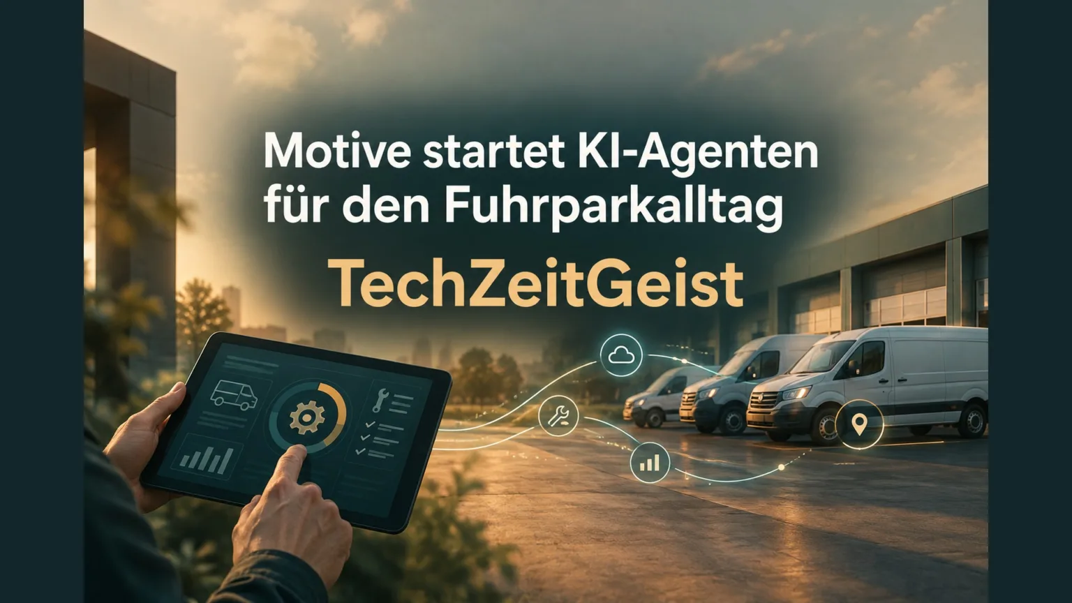Illustration zu Motive startet KI-Agenten für den Fuhrparkalltag. Mit vollständiger Artikelüberschrift undTechZeitGeist-Schriftzug.