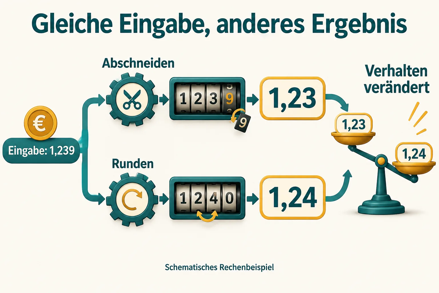 Schematischer Vergleich: Abschneiden von 1,239 ergibt 1,23, Runden ergibt 1,24.