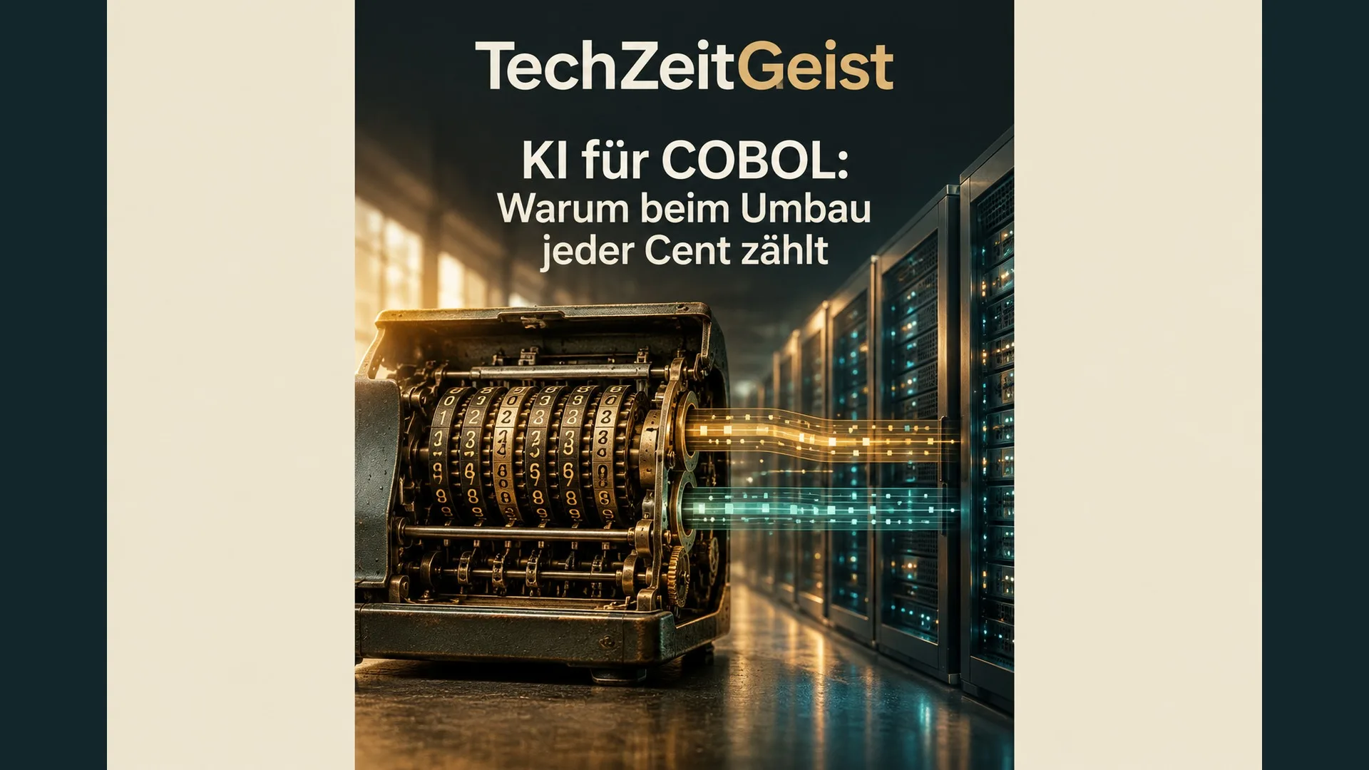 KI-Illustration einer mechanischen Rechenmaschine neben modernen Servern.