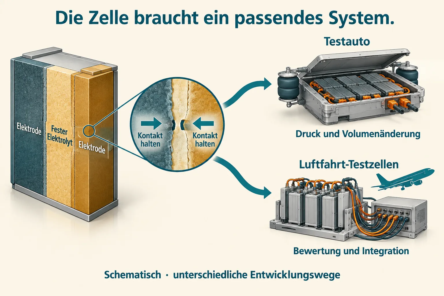 Schematischer Zellquerschnitt mit Kontaktflächen und zwei Wegen zur Integration in Testauto und Luftfahrt-Prüfstand