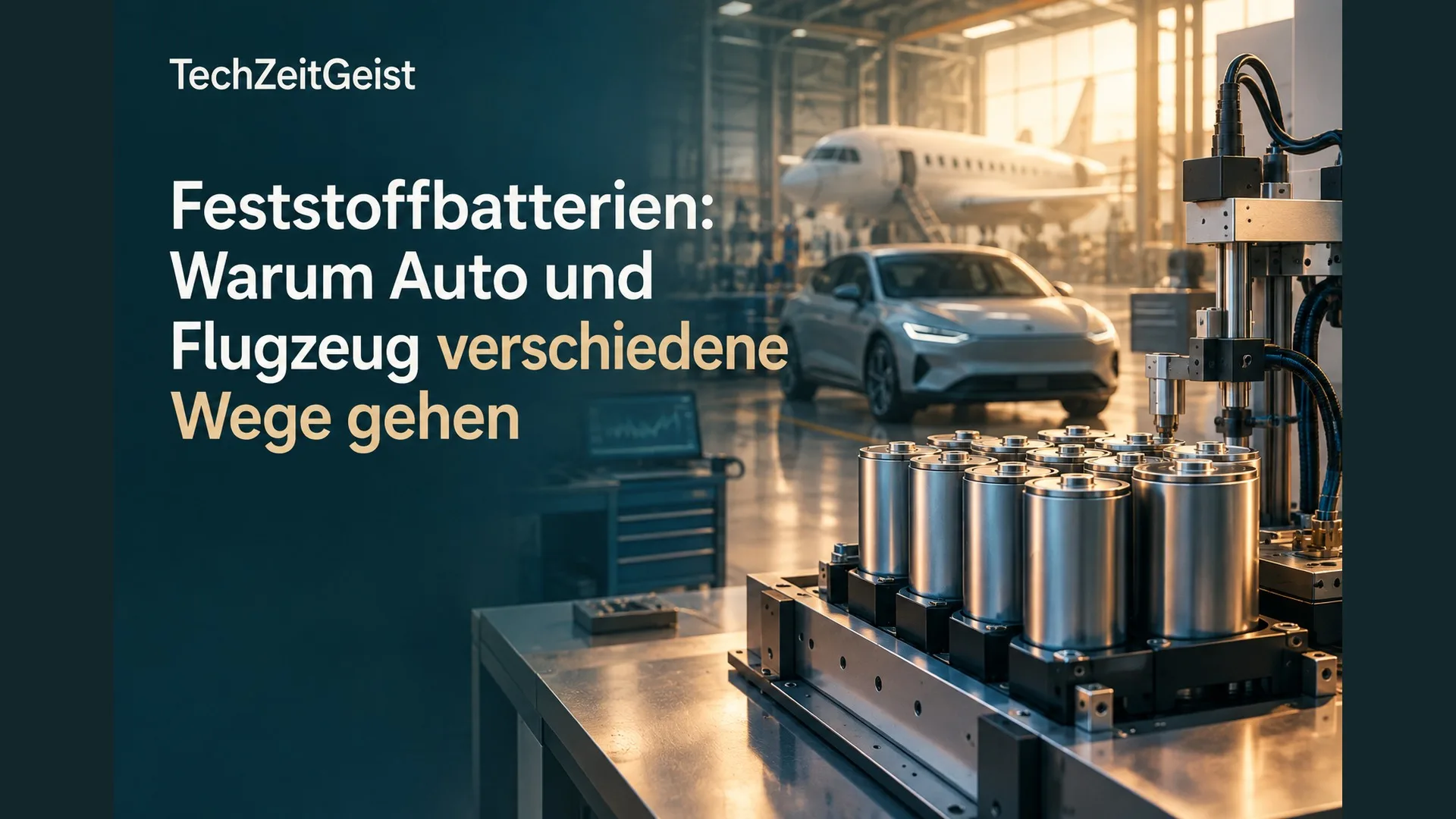 Batteriezellen zwischen Auto und Flugzeug mit Artikelüberschrift