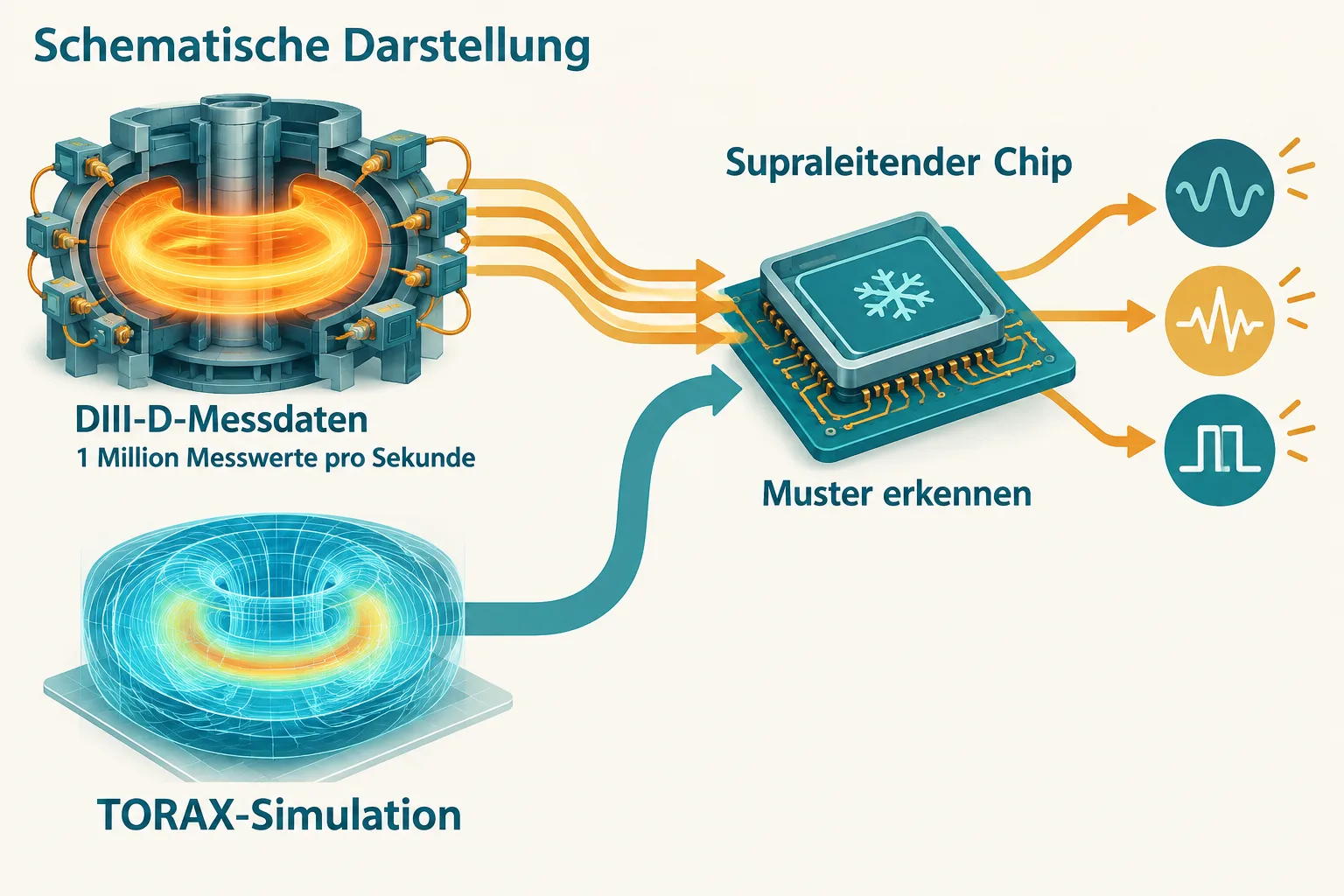 Schematischer Datenfluss von DIII-D-Messdaten und TORAX-Simulation zu einem räumlich getrennten supraleitenden Chip