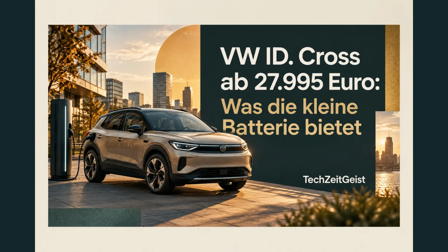 Symbolisches Elektroauto an einer Ladesäule mit Artikelüberschrift