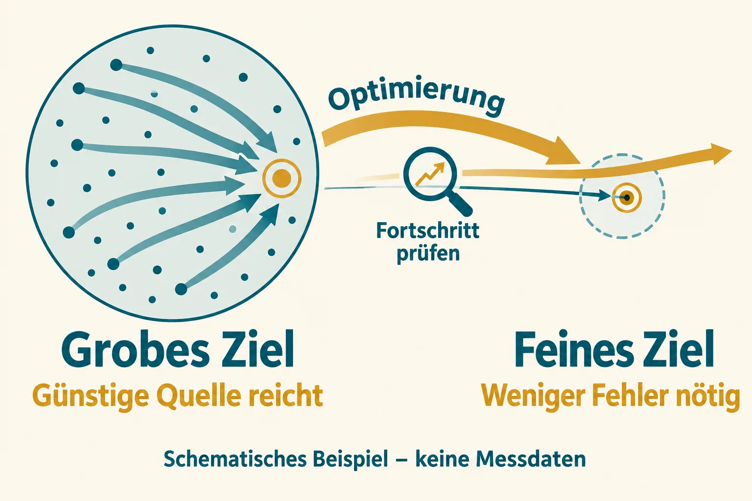 Breite Richtungspfeile reichen für einen großen Zielbereich; ein kleiner Zielkreis verlangt präzisere Hinweise