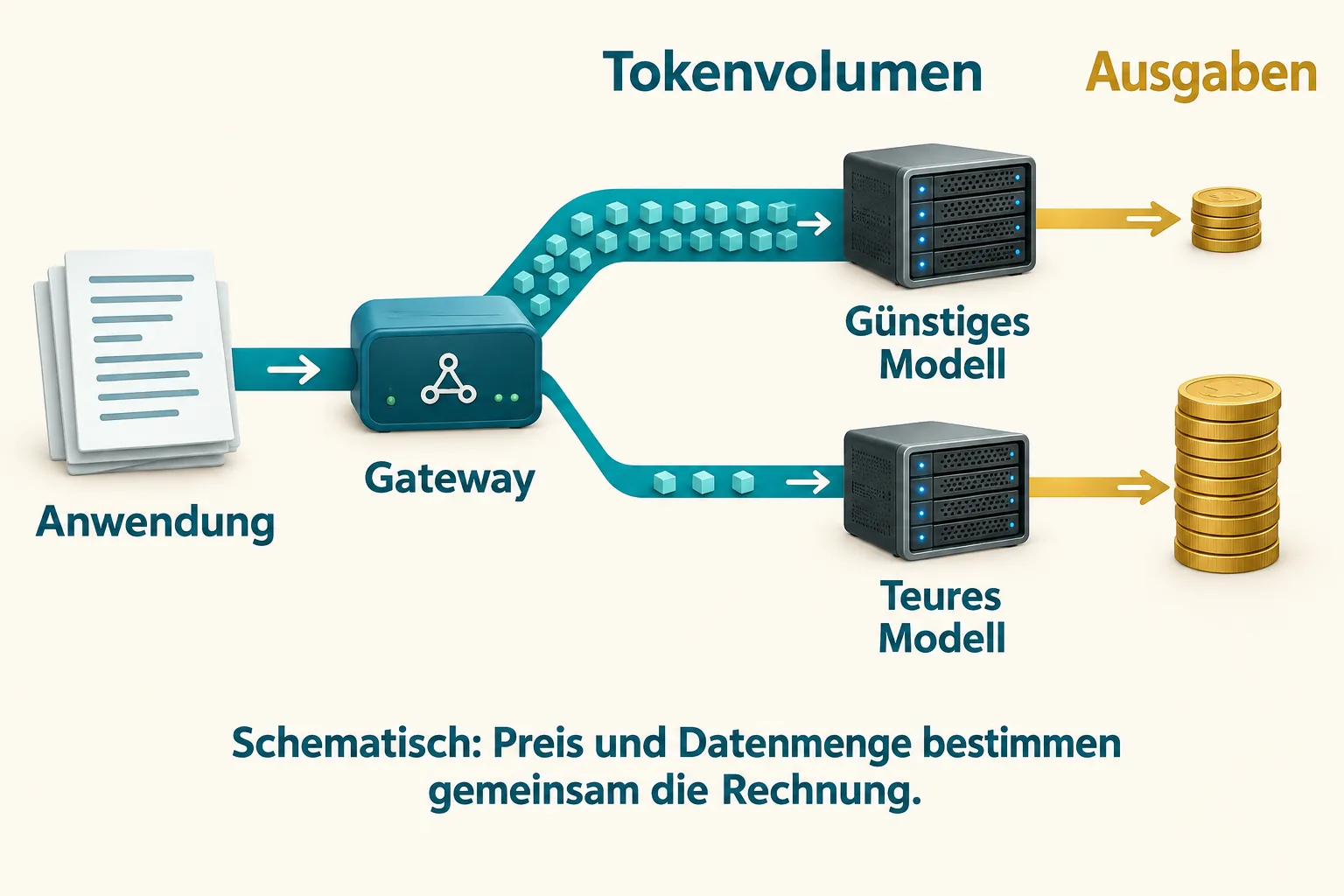 Schematischer Weg einer Anwendung über ein Gateway zu einem günstigen und einem teuren Modell; Tokenmenge und Ausgaben werden getrennt gezeigt.