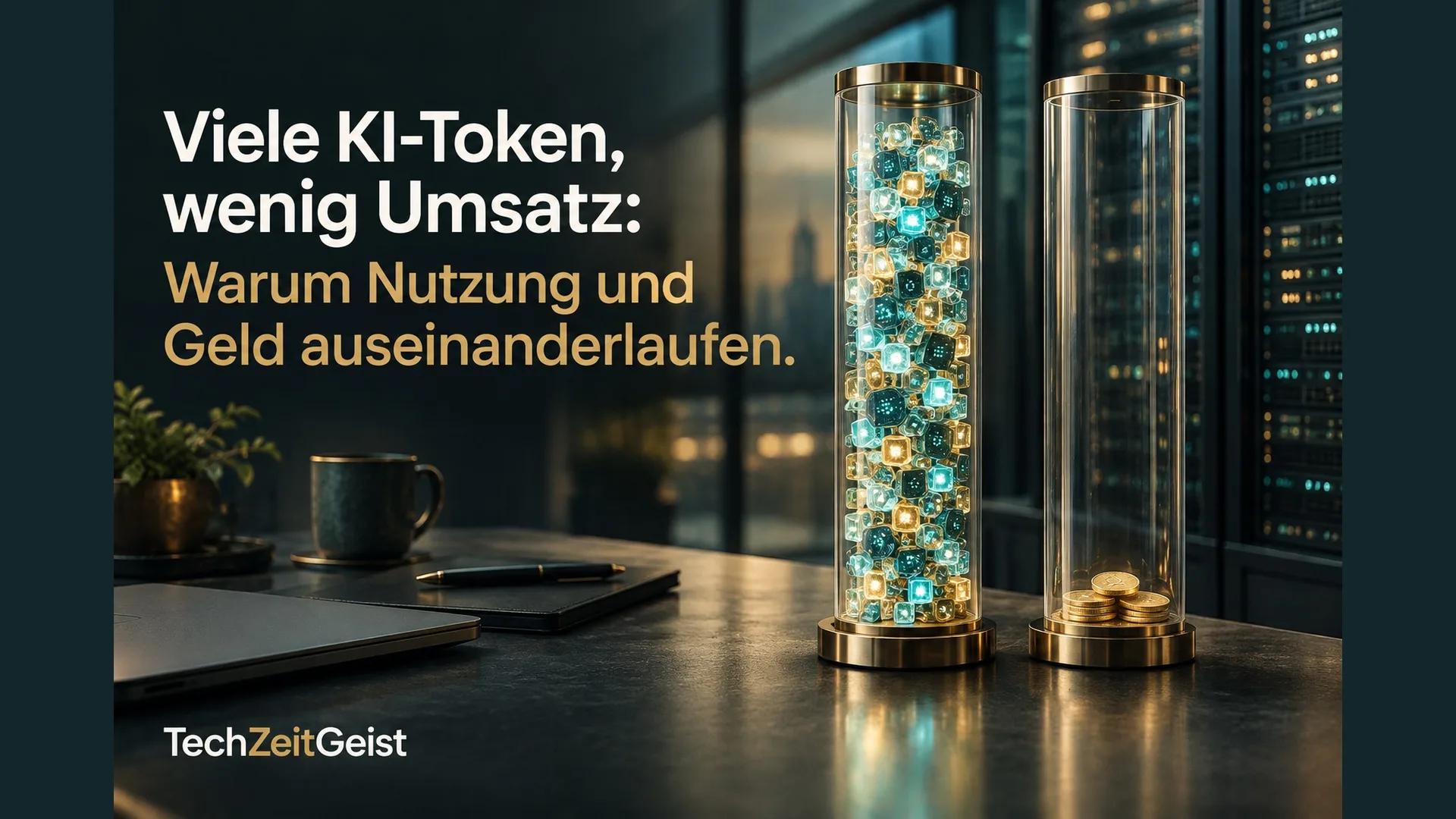 Datenbausteine und Münzen in getrennten transparenten Röhren vor Servern.