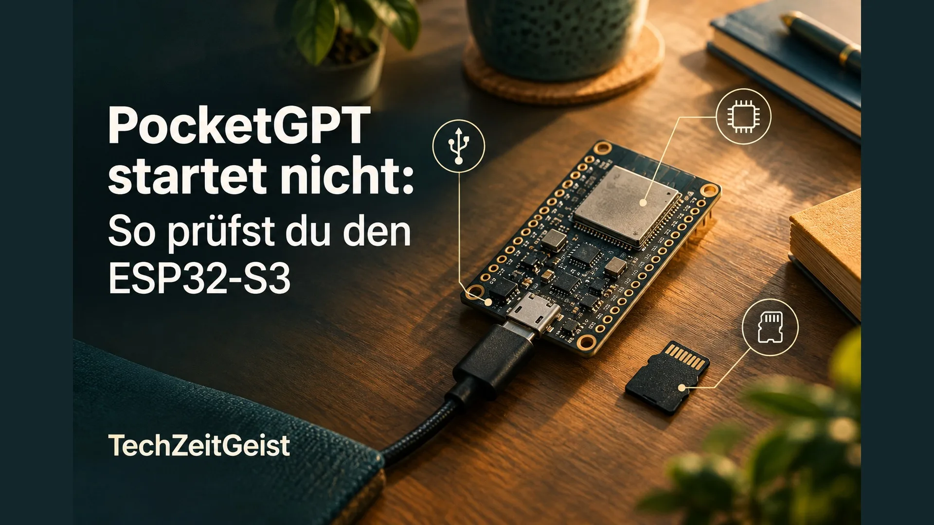 Mikrocontrollerboard mit Artikelüberschrift und TechZeitGeist-Schriftzug