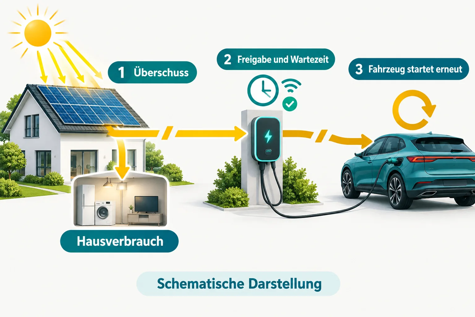 Schematischer Energiefluss vom PV-Dach über Hausverbrauch und Wallbox zum Auto mit drei möglichen Unterbrechungen
