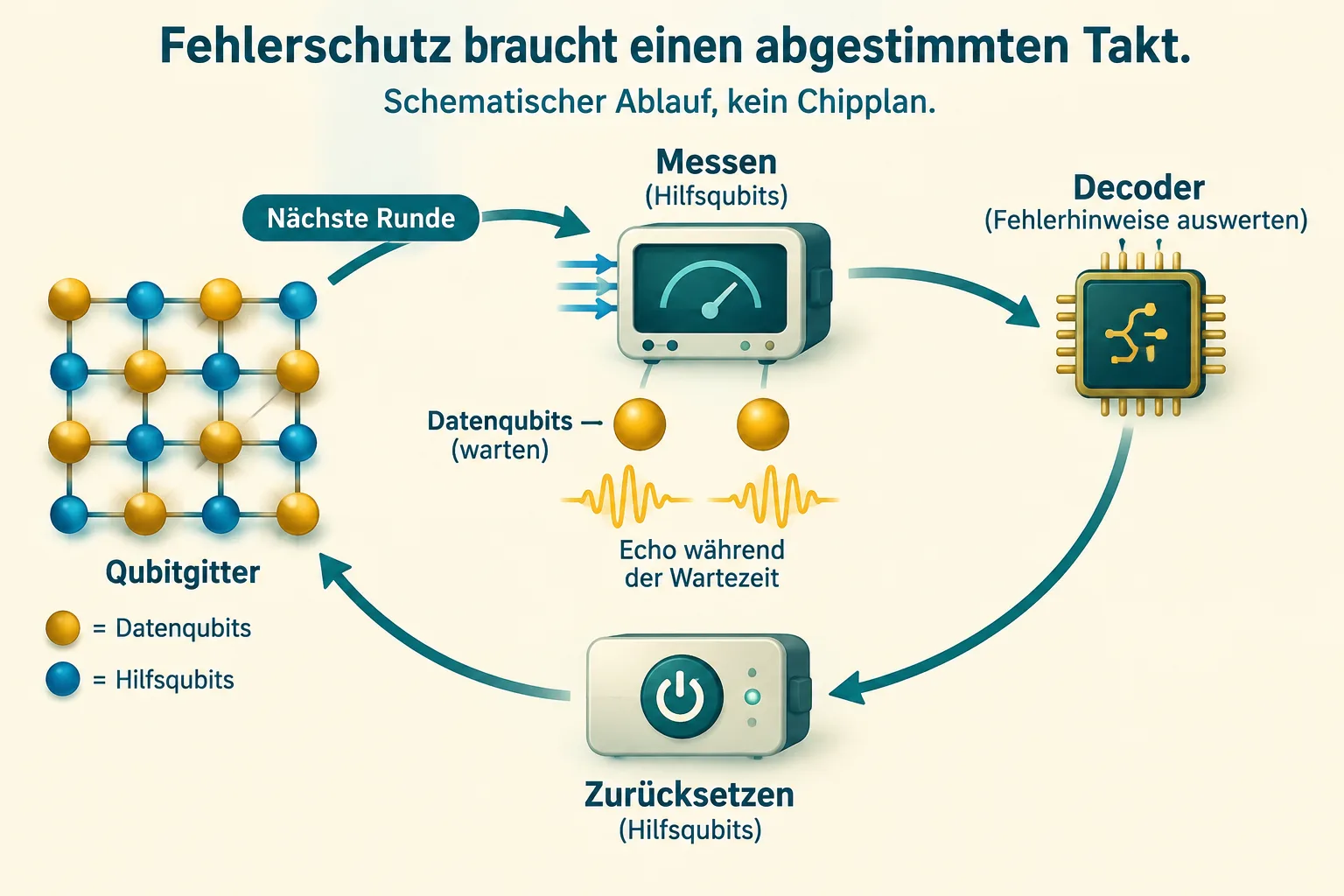 Schematischer Messzyklus mit Datenqubits, Hilfsqubits, Auslesen, Reset, Echo und klassischem Decoder