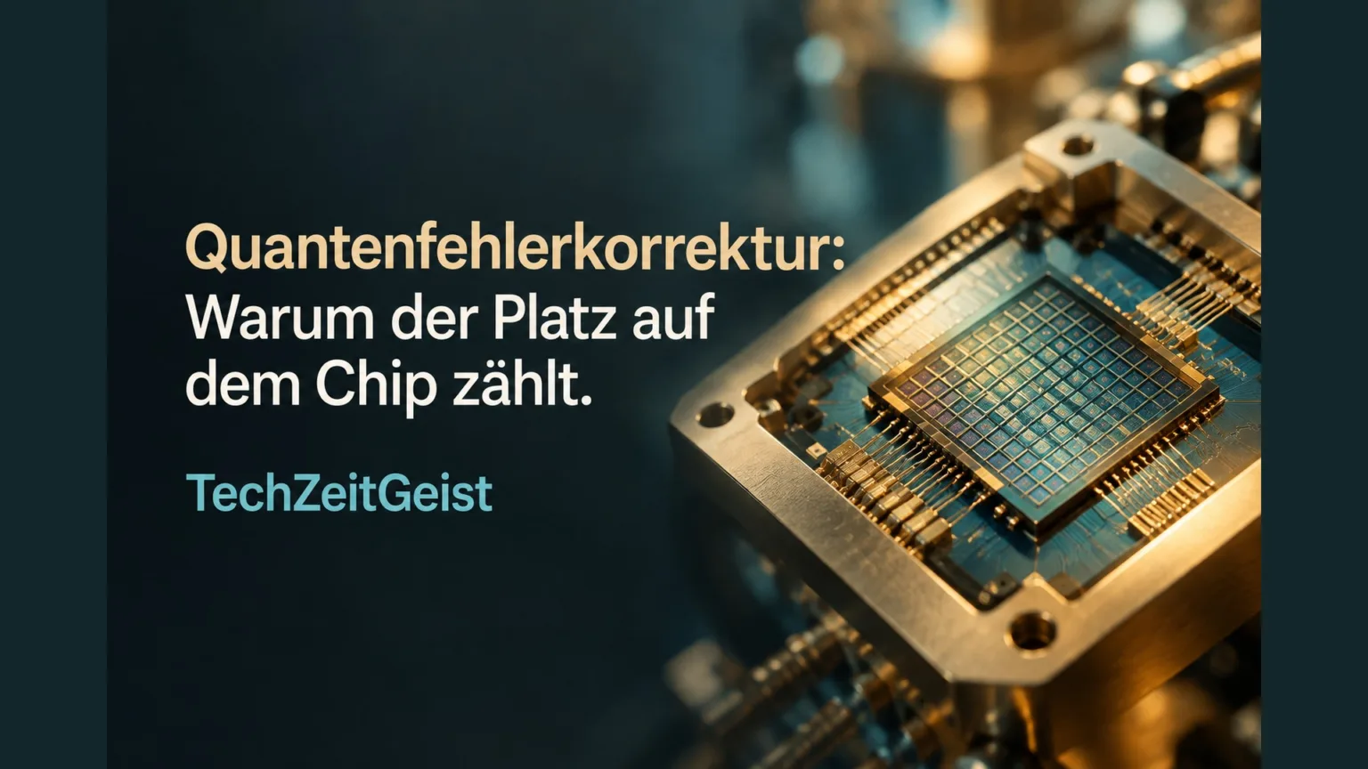 Quantenchip mit der Überschrift Quantenfehlerkorrektur: Warum der Platz auf dem Chip zählt.