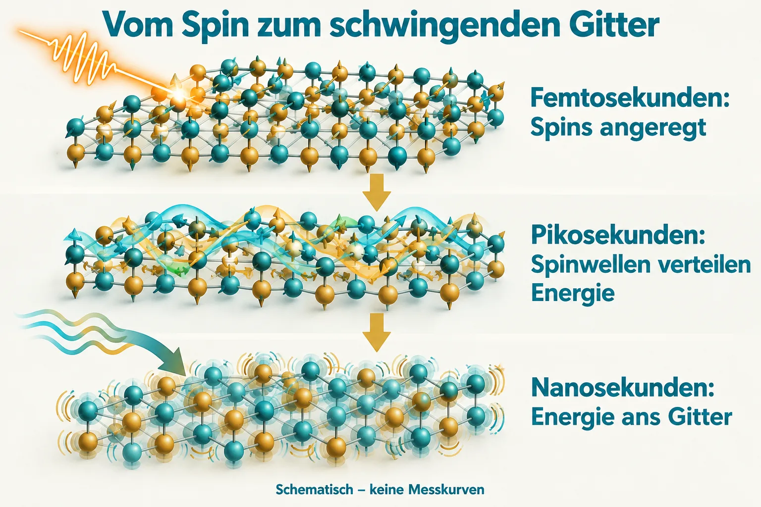 Schematischer Energiefluss von angeregten Spins über Spinwellen zu schwingenden Gitteratomen.