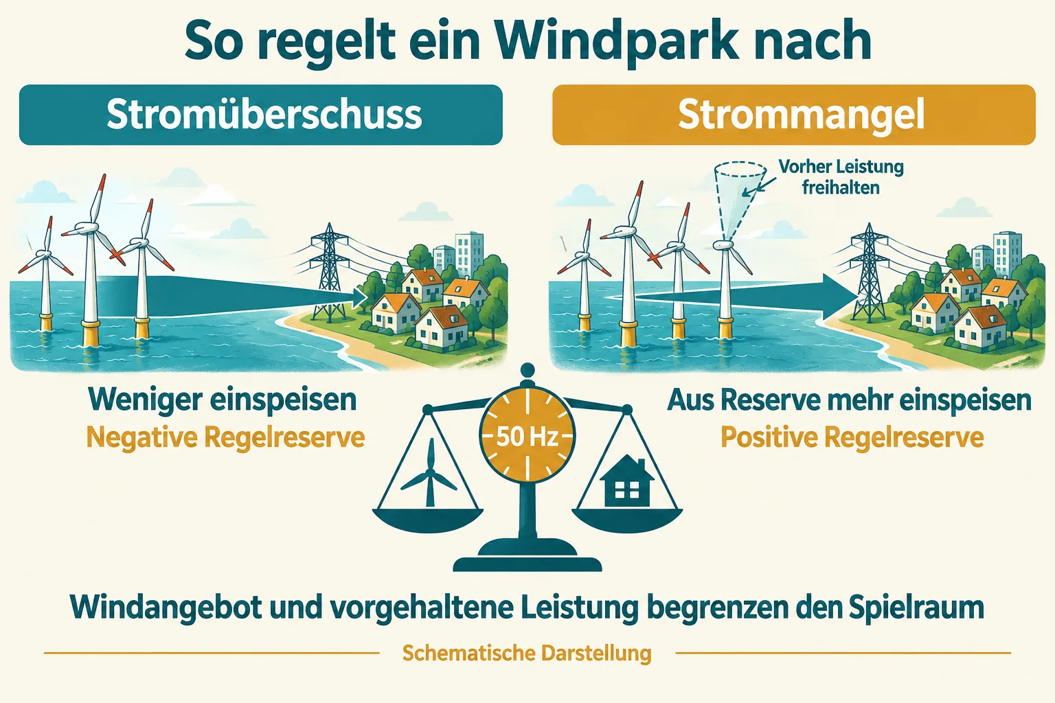 Zwei schematische Windparks verringern bei Stromüberschuss die Einspeisung oder erhöhen sie aus zuvor freigehaltener Reserve.