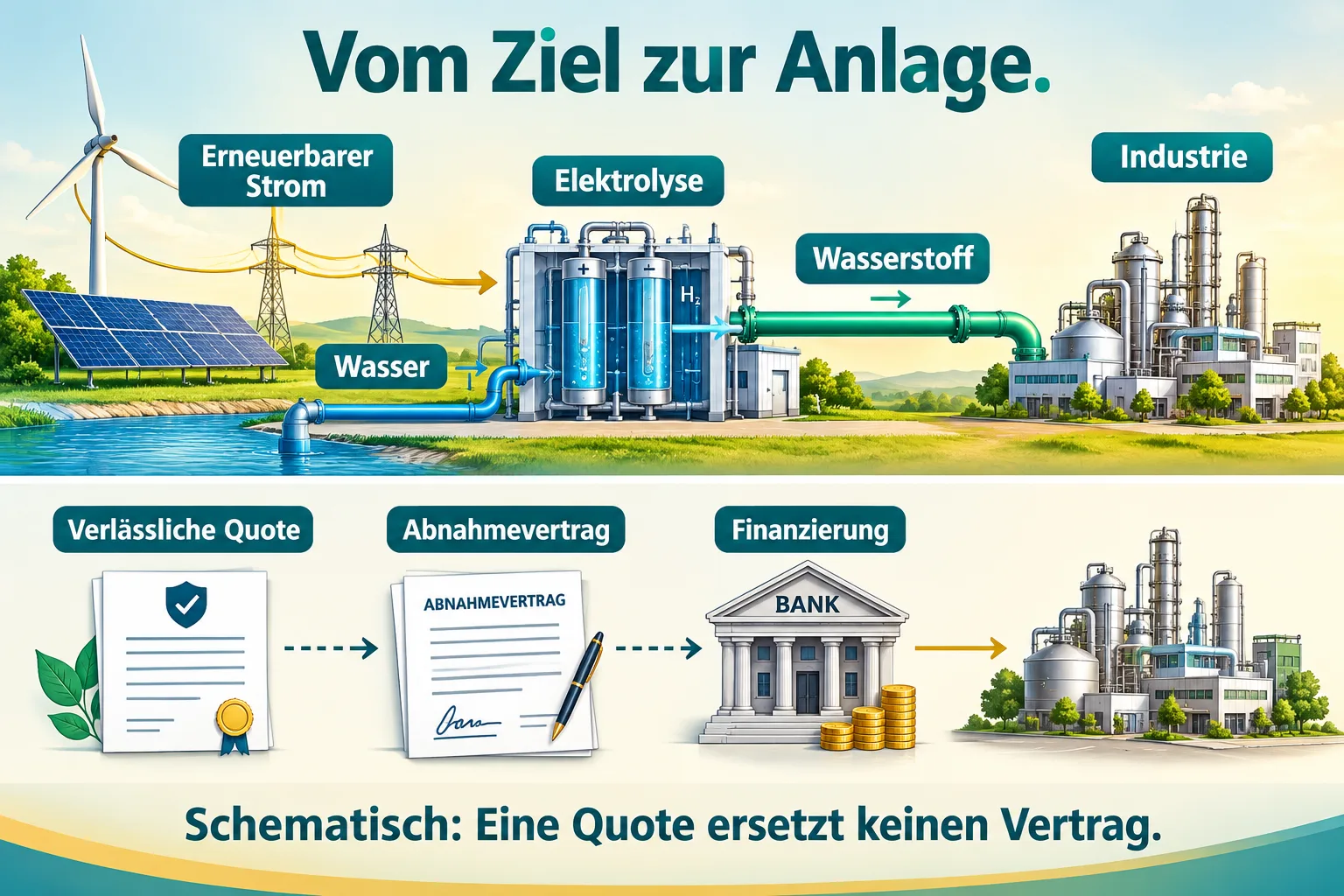Schematische Verbindung von erneuerbarem Strom und Elektrolyse zur Industrie sowie von Quote, Abnahmevertrag und Finanzierung