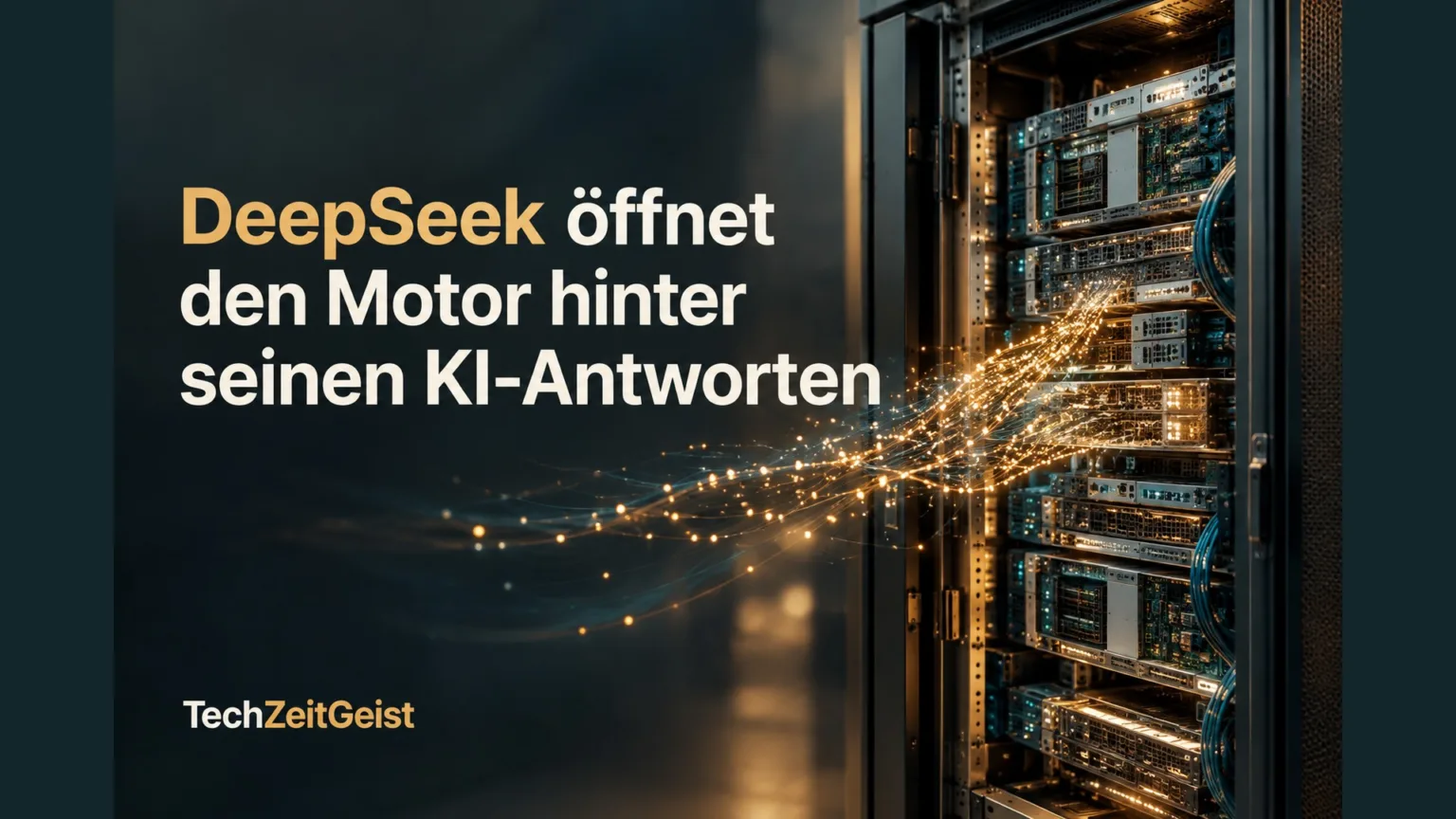 Serverrack mit dem Artikeltitel DeepSeek öffnet den Motor hinter seinen KI-Antworten