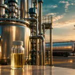 Symbolischer Synthesereaktor mit Kraftstoffprobe und Tankwagen
