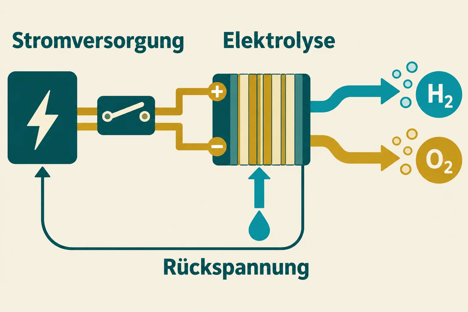 Schematische Verbindung von Stromversorgung und Elektrolyse mit möglicher Rückspannung aus dem Stack