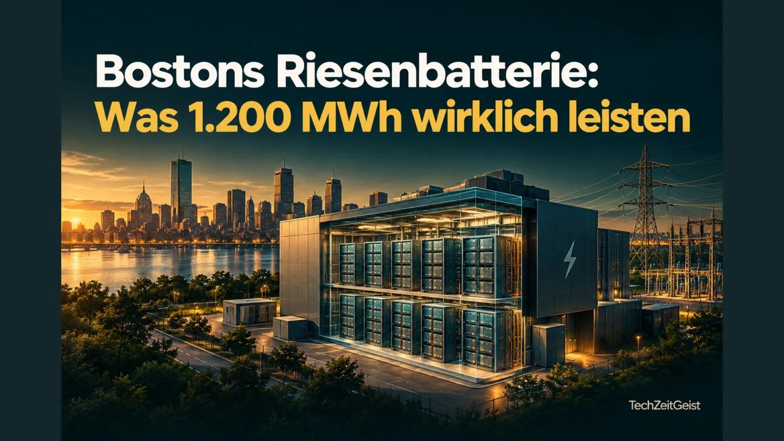 Batteriespeicher und Stadtsilhouette mit dem Titel Bostons Riesenbatterie: Was 1.200 MWh wirklich leisten
