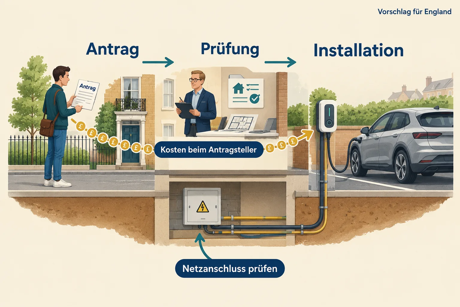 Schematischer Weg vom Antrag über die Eigentümerprüfung zur Wallbox mit Kosten- und Netzanschlussbezug