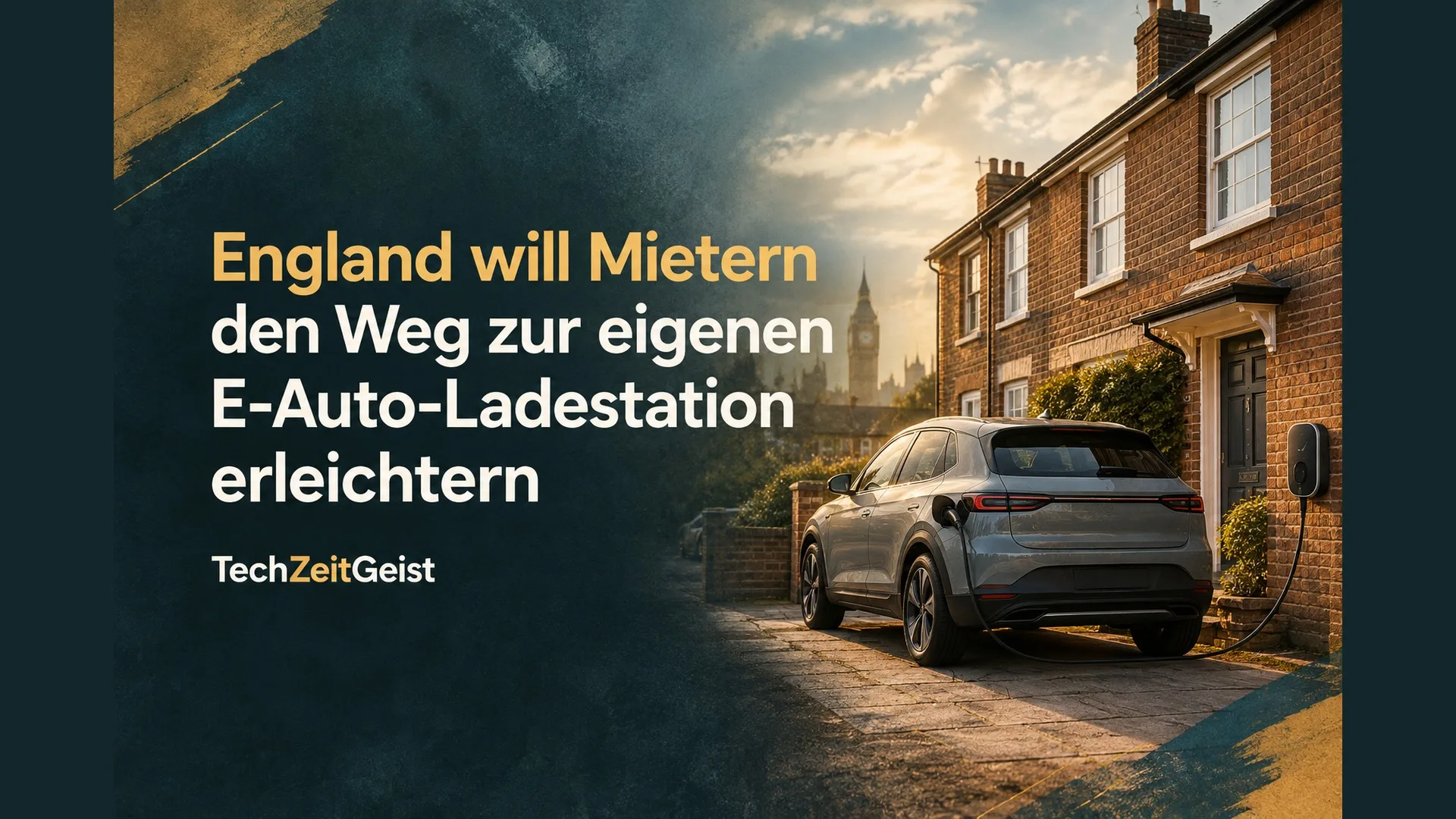 Englisches Reihenhaus mit E-Auto und vollständiger Artikelüberschrift