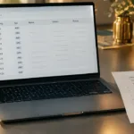 Symbolische Tabellen-Importvorschau auf einem Laptop mit Kennungen und Texttyp sowie passendem Papierauszug.