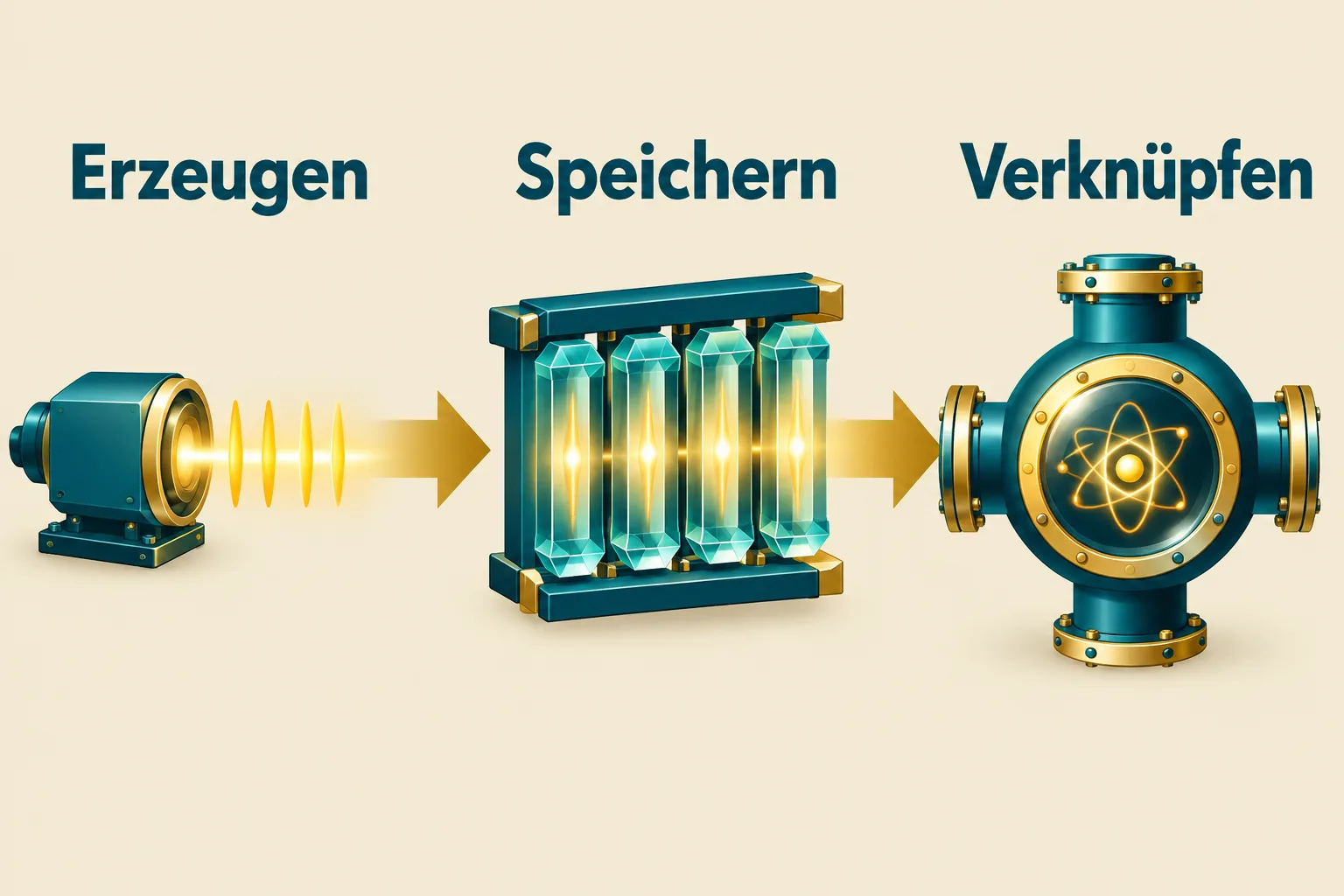 Photonenquelle, mehrere Speicherkanäle und ein atomarer Verarbeitungsknoten zeigen die Aufgaben Erzeugen, Speichern und Verknüpfen.
