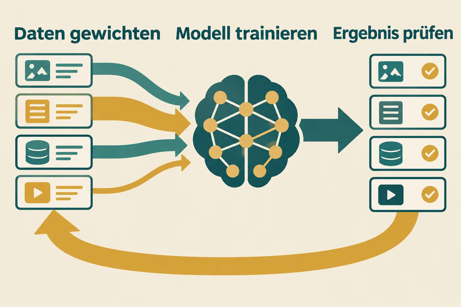 Rückkopplung von Datengewichtung über Modelltraining und Prüfung zurück zur Gewichtung