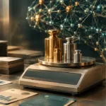 Symbolische Waage mit Gewichten und Datenkarten