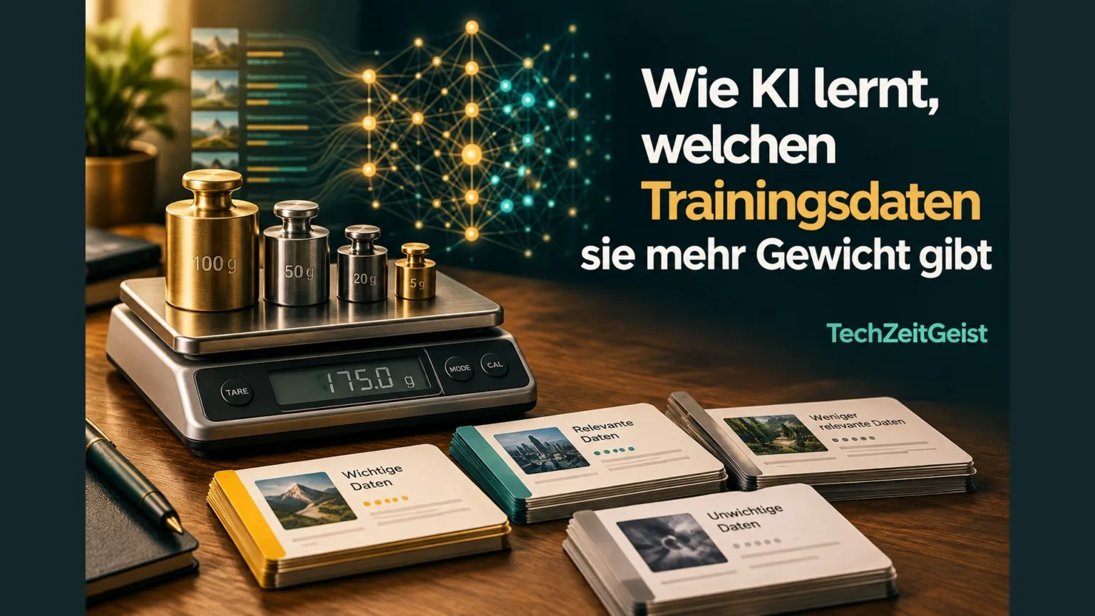 Waage und Datenkarten mit dem vollständigen Artikeltitel