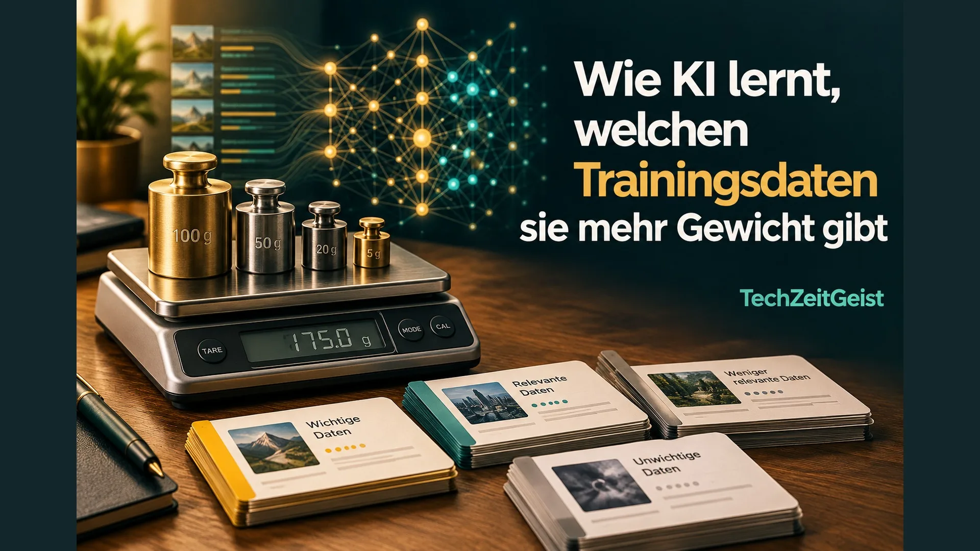 Waage und Datenkarten mit dem vollständigen Artikeltitel