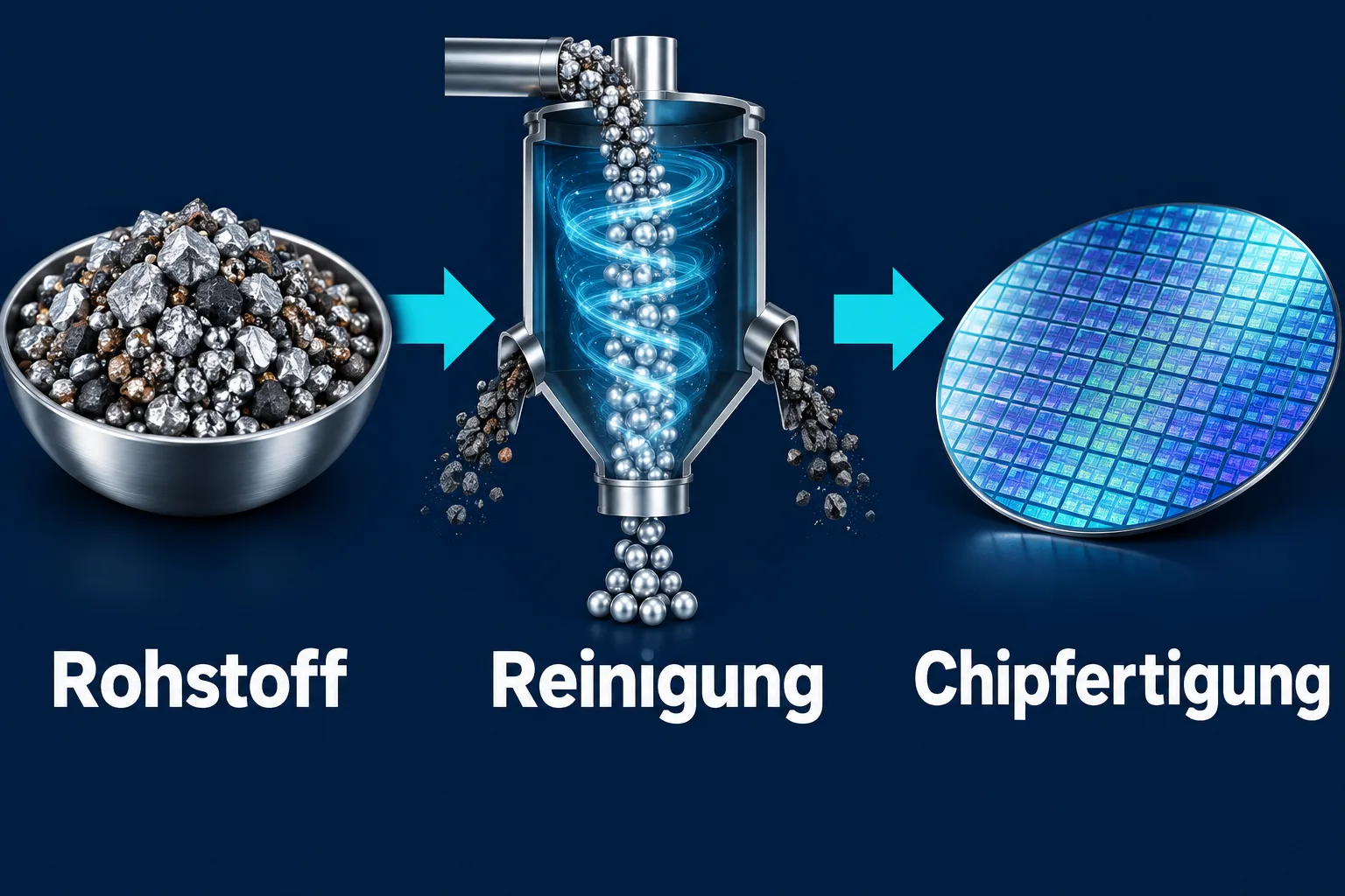 Schematischer Materialfluss vom Rohstoff über die Reinigung zur Chipfertigung