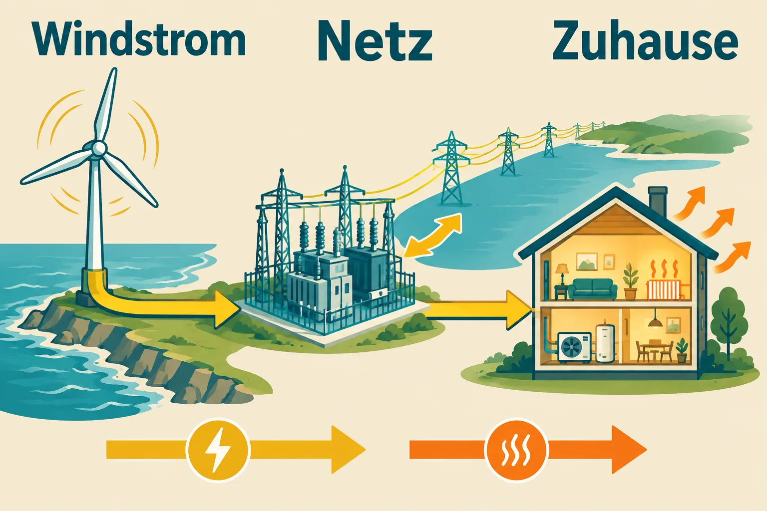 Windturbine, verzweigtes Stromnetz und ein Haus mit Wärmeverlusten verdeutlichen unterschiedliche Aufgaben der Energieversorgung.