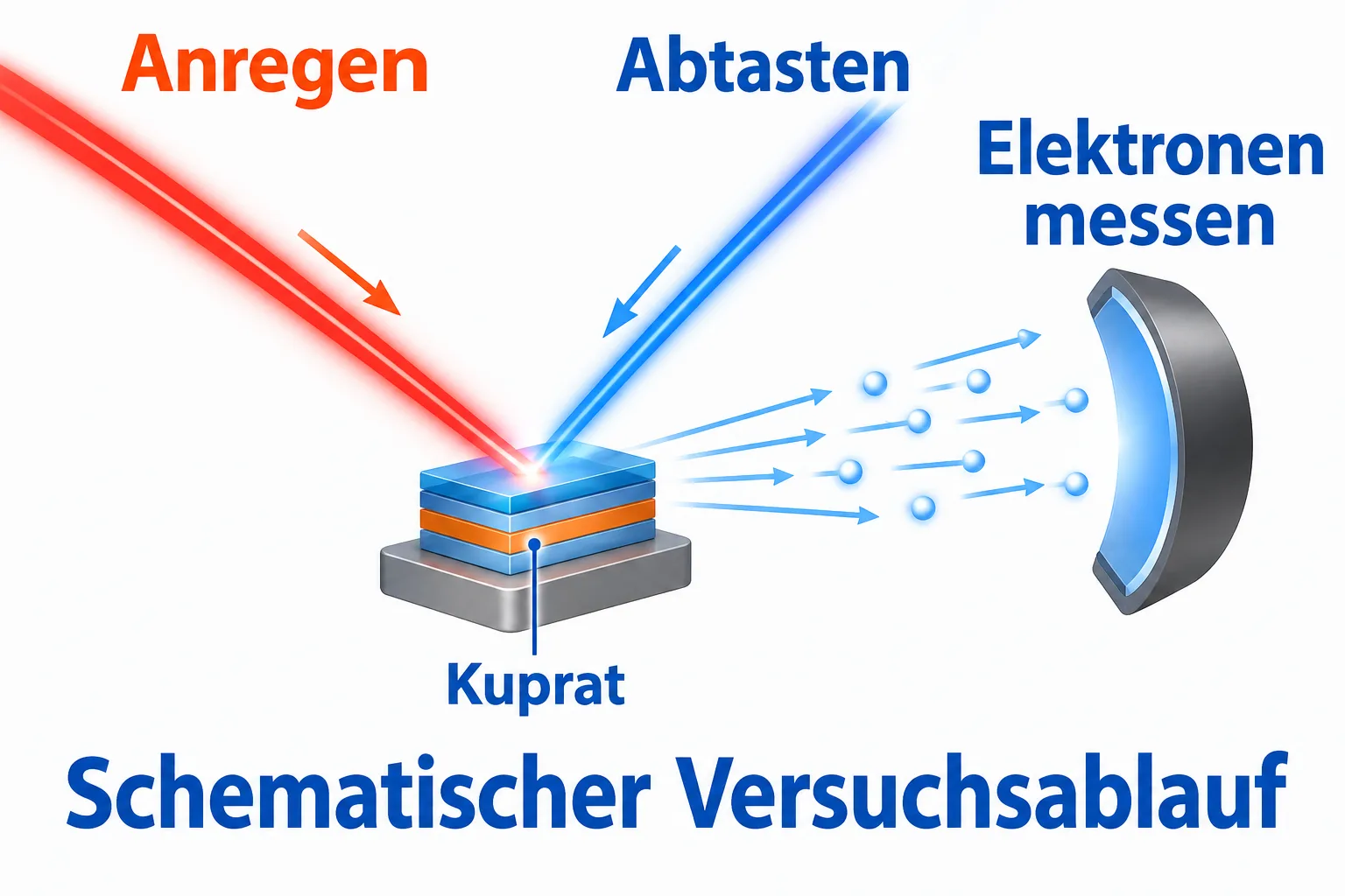 Schematischer Aufbau: Licht regt einen Kupratkristall an, ein zweiter Puls löst Elektronen für die Messung aus.