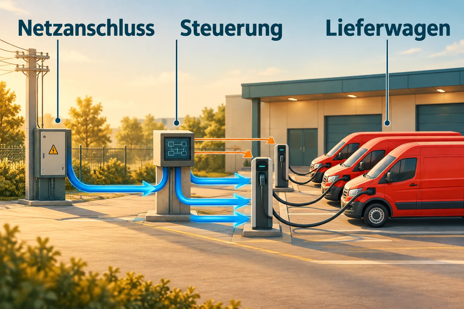 Schematischer Energiefluss vom Netzanschluss über gesteuerte Ladepunkte zu Lieferwagen