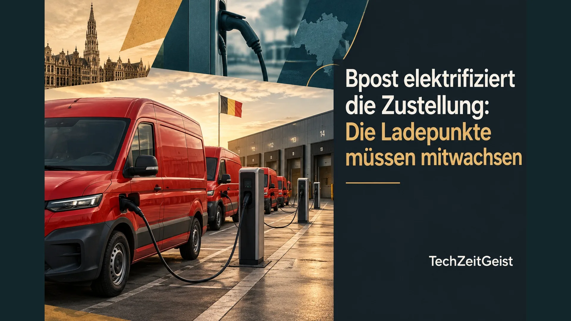 Rote elektrische Lieferwagen mit Artikelüberschrift zur wachsenden Ladeinfrastruktur