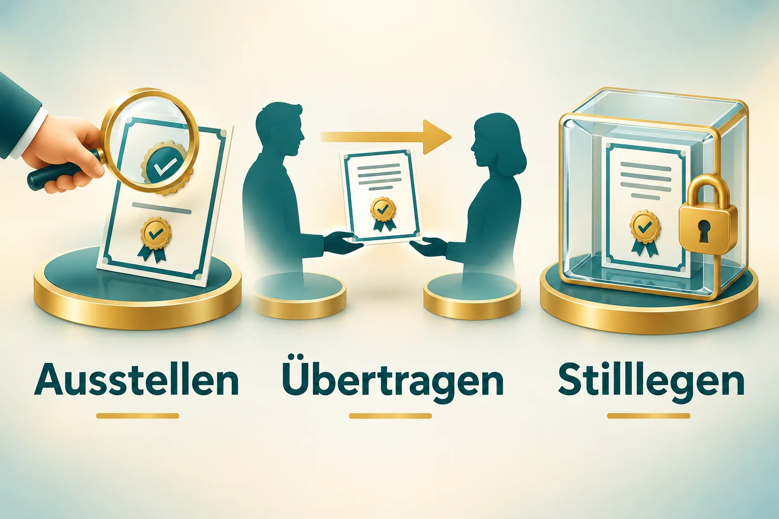 Drei Stationen zeigen Ausstellung, Übertragung und Stilllegung eines Zertifikats.