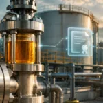 Symbolische Tankanlage mit Kraftstoff und digitalem Zertifikat.