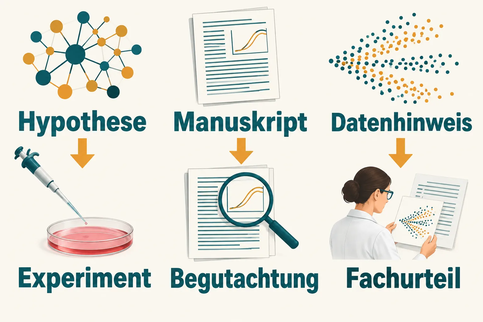 Drei schematische Forschungswege: Hypothese zum Experiment, Manuskript zur Begutachtung und Datenhinweis zum Fachurteil.
