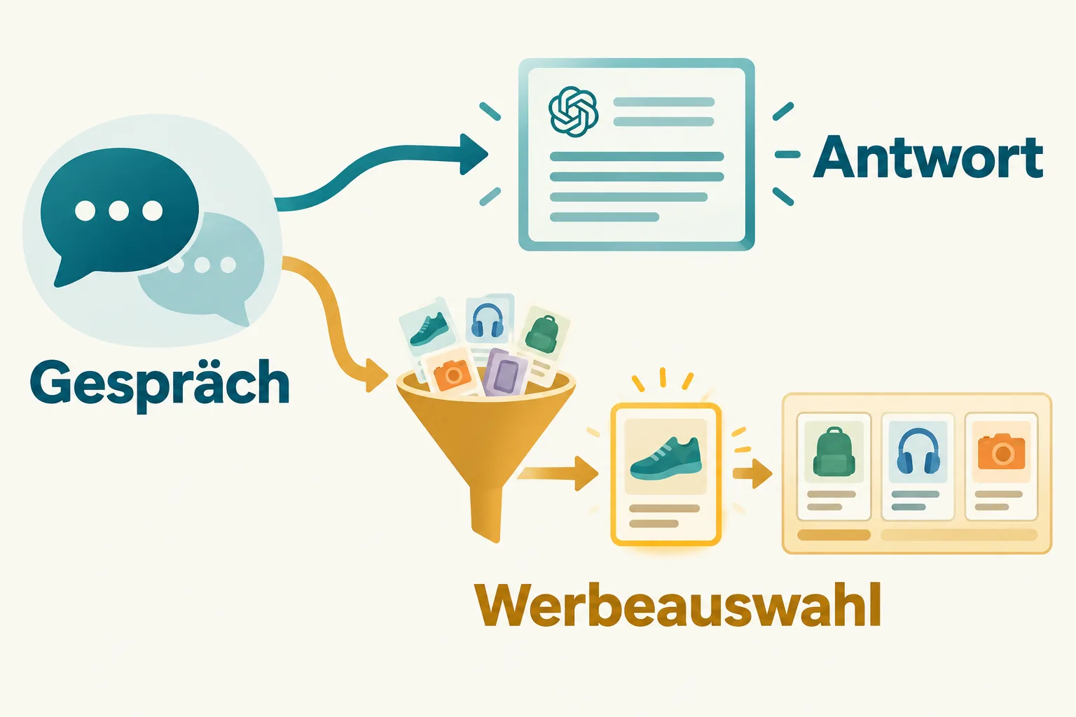Ein Gespräch verzweigt in getrennte Wege für Antwort und Werbeauswahl.