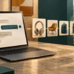 Ein Laptop mit Dialog und räumlich getrennten Produktkarten.