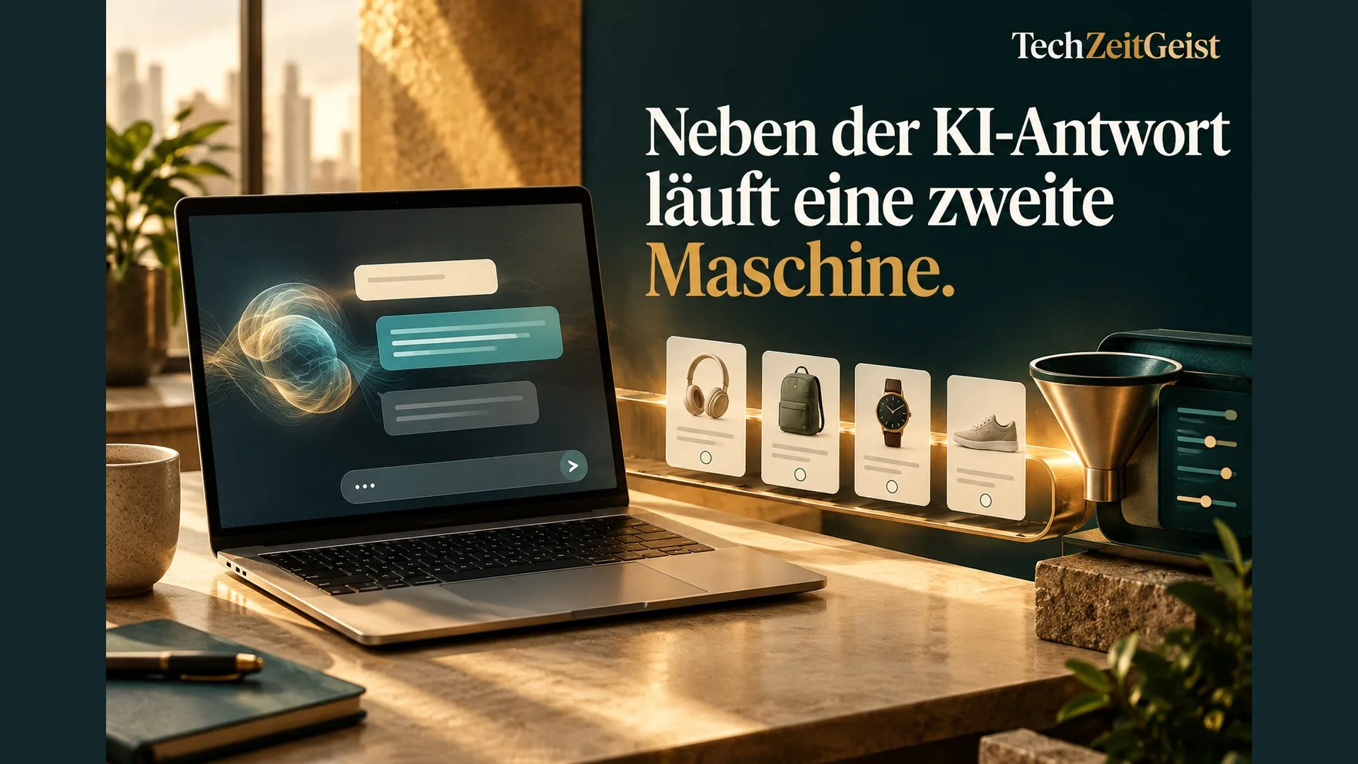 Dialog auf einem Laptop neben Produktkarten, mit Artikelüberschrift.