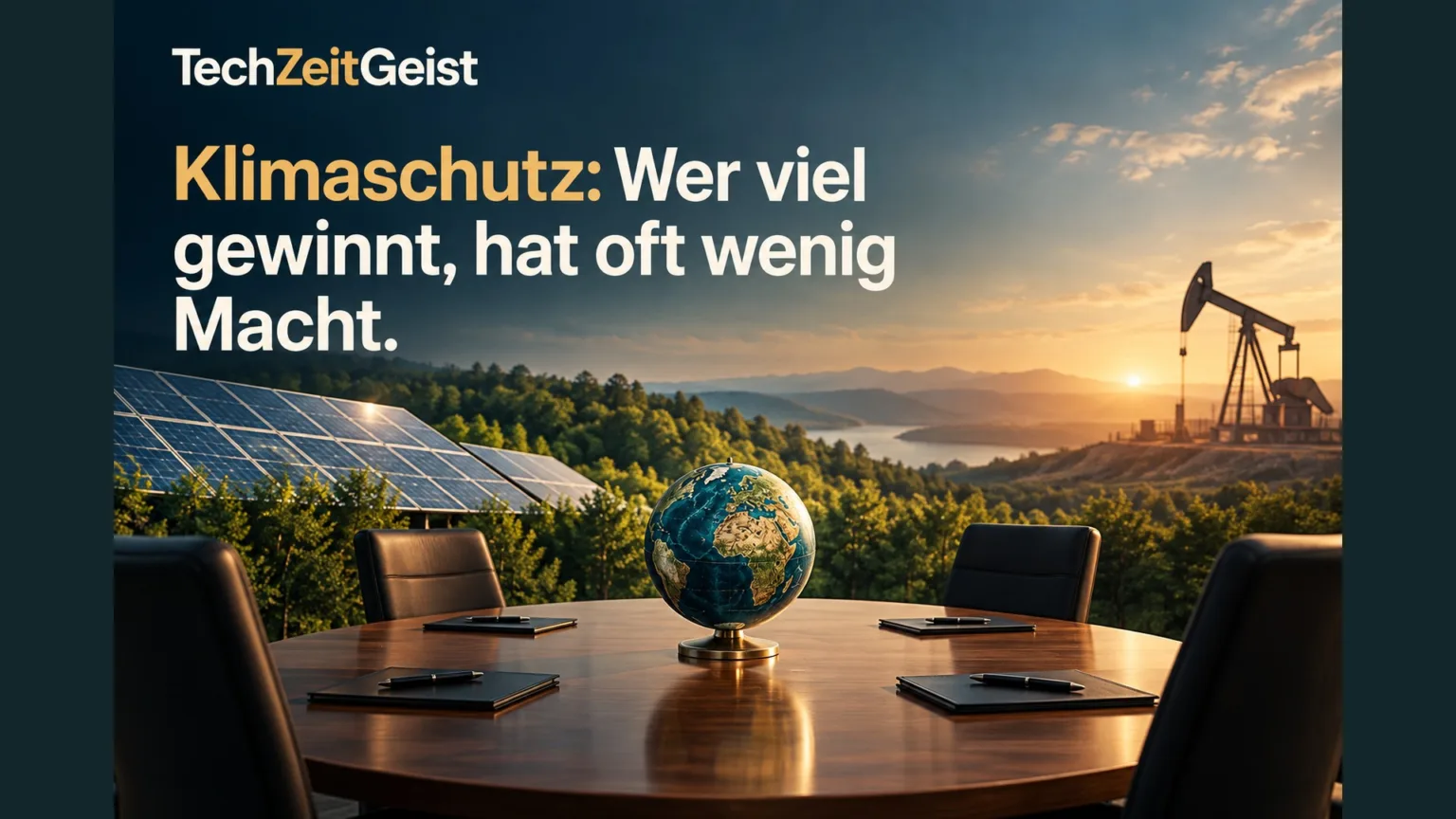 Globus und Energieanlagen mit der Überschrift Klimaschutz: Wer viel gewinnt, hat oft wenig Macht.