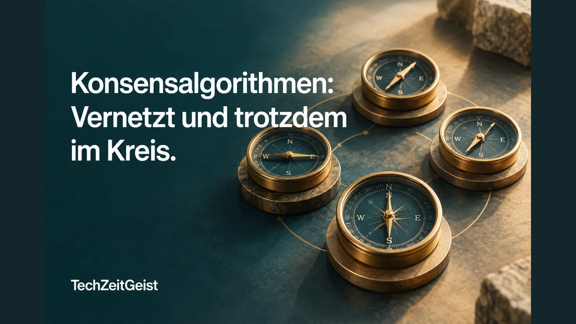 Kompassmotive und die Überschrift Konsensalgorithmen: Vernetzt und trotzdem im Kreis.