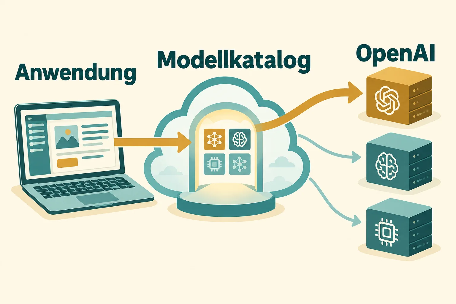 Eine Anwendung erreicht über einen gemeinsamen Modellkatalog OpenAI und weitere schematisch dargestellte Rechenmodelle.