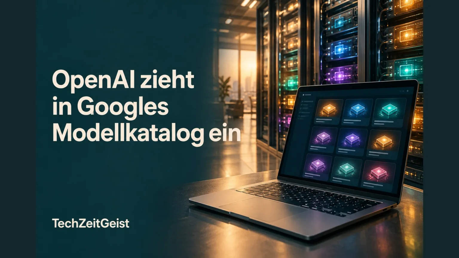 Laptop mit schematischem Modellkatalog vor einer Serverarchitektur.