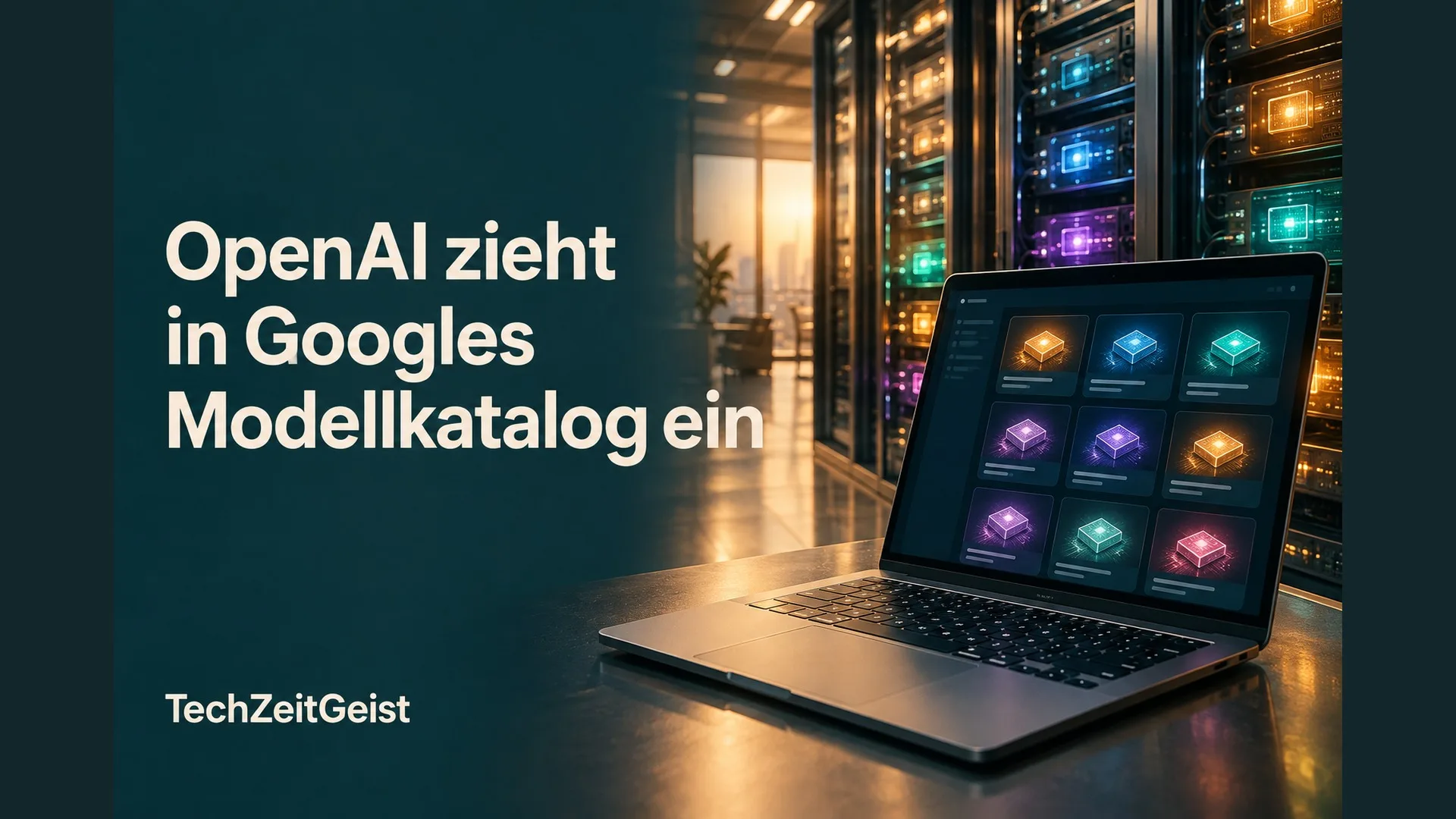 Laptop mit schematischem Modellkatalog vor einer Serverarchitektur.