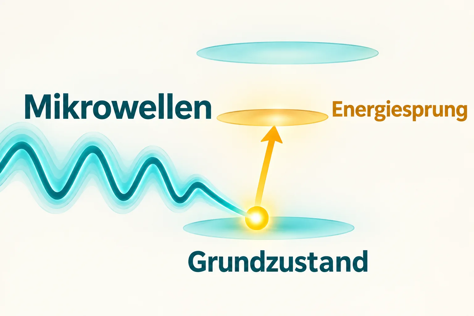 Schematische Energieniveaus: Mikrowellen regen ein Positron aus dem Grundzustand auf eine höhere Stufe an.