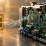 Ein symbolischer Quantenchip ist über Datenwege mit klassischer Steuerelektronik verbunden.