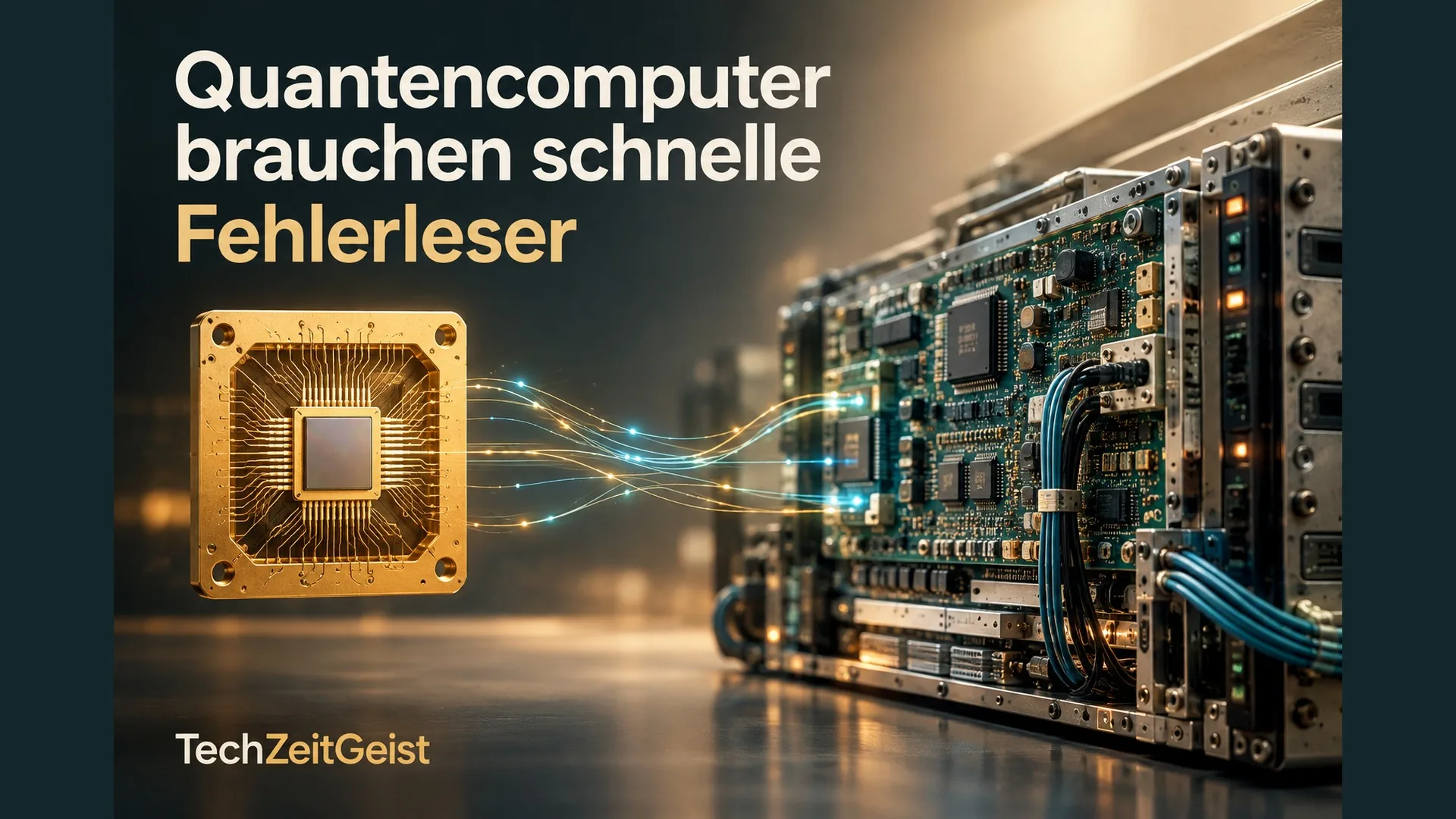 Quantenchip und klassische Elektronik mit der Überschrift Quantencomputer brauchen schnelle Fehlerleser.