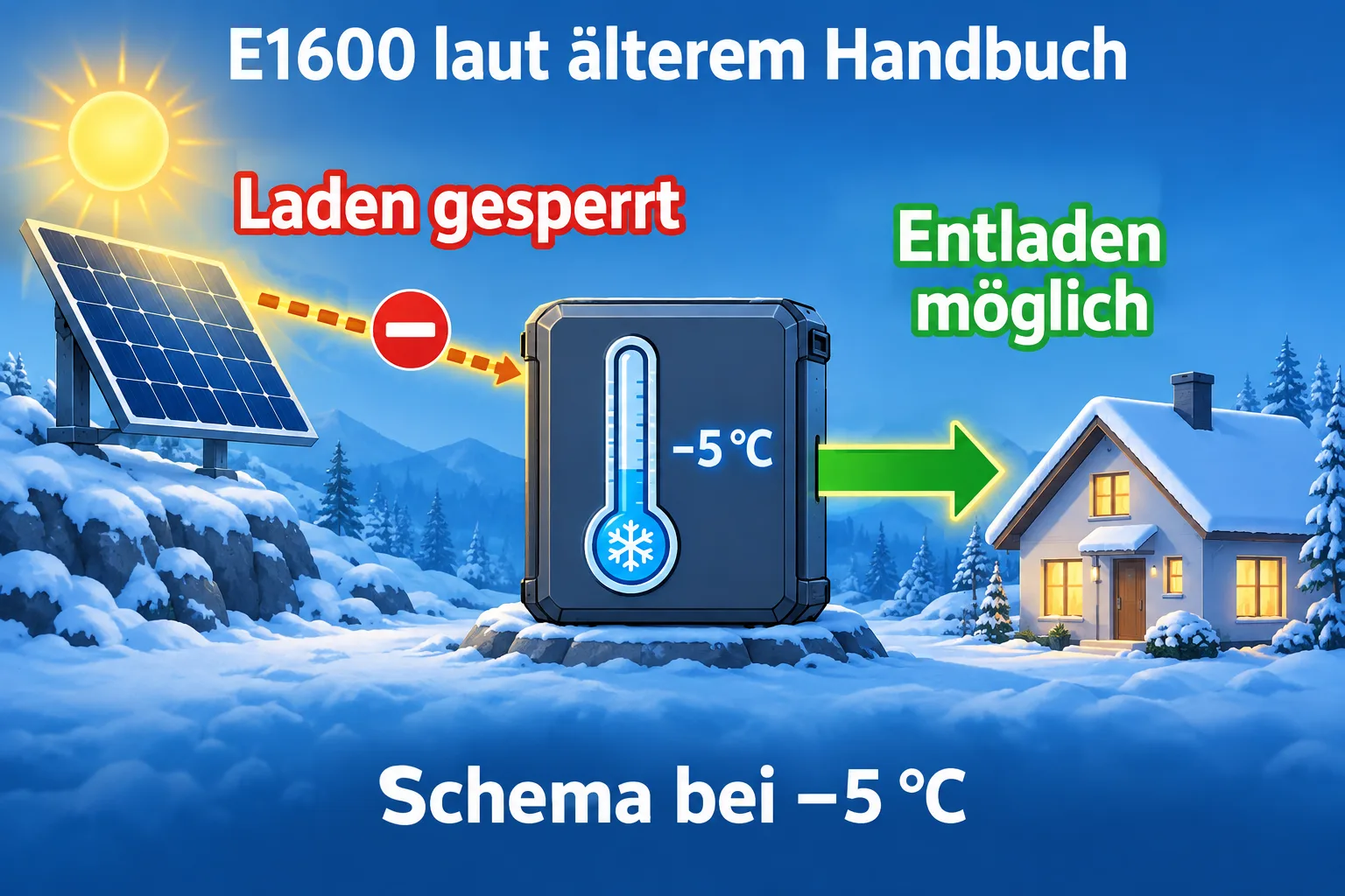 Schema des älteren E1600-Handbuchs: Bei minus fünf Grad ist der Ladeweg gesperrt, der Entladeweg zum Haus möglich.